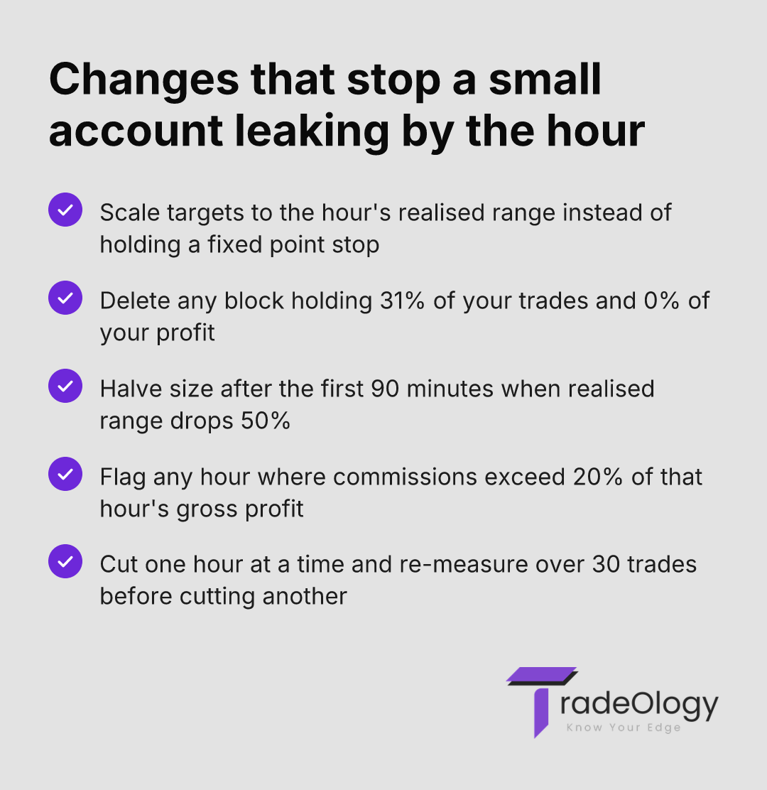 Changes that stop a small account leaking by the hour. Scale targets to the hour's realised range instead of holding a fixed point stop. Delete any block holding 31% of your trades and 0% of your profit. Halve size after the first 90 minutes when realised range drops 50%. Flag any hour where commissions exceed 20% of that hour's gross profit. Cut one hour at a time and re-measure over 30 trades before cutting another.