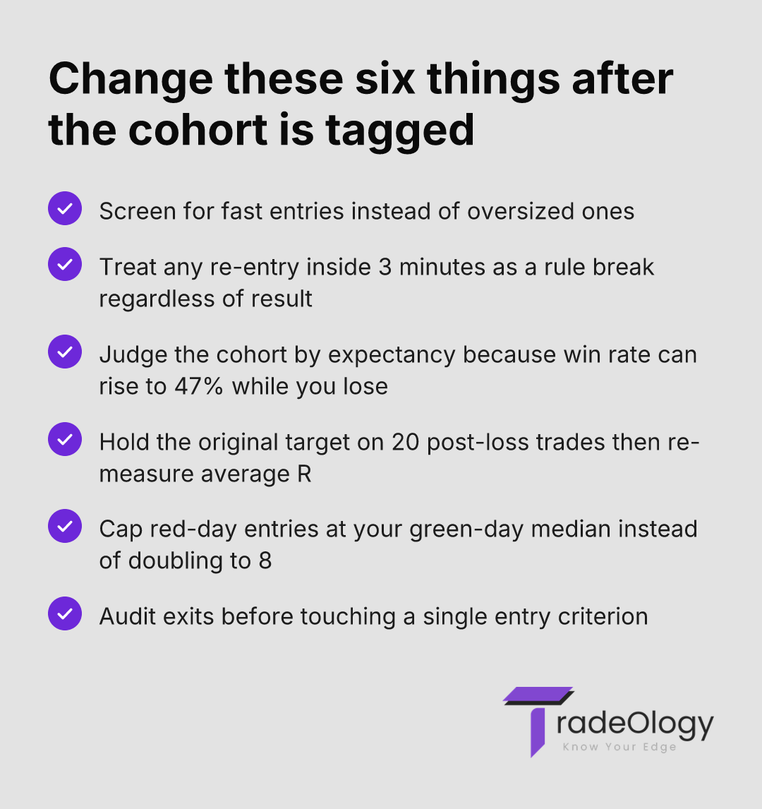 Change these five things after the cohort is tagged. Screen for fast entries instead of oversized ones. Treat any re-entry inside 3 minutes as a rule break regardless of result. Judge the cohort by expectancy because win rate can rise to 47% while you lose. Hold the original target on 20 post-loss trades then re-measure average R. Cap red-day entries at your green-day median instead of doubling to 8. Audit exits before touching a single entry criterion