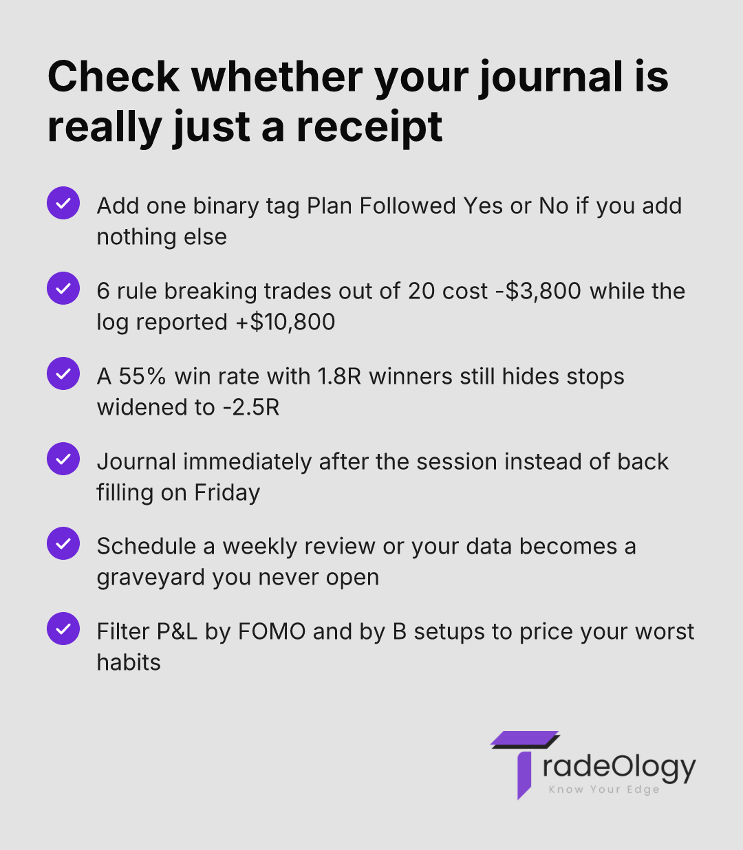 Check whether your journal is really just a receipt. Add one binary tag Plan Followed Yes or No if you add nothing else. 6 rule breaking trades out of 20 cost -$3,800 while the log reported +$10,800. A 55% win rate with 1.8R winners still hides stops widened to -2.5R. Journal immediately after the session instead of back filling on Friday. Schedule a weekly review or your data becomes a graveyard you never open. Filter P&L by FOMO and by B setups to price your worst habits